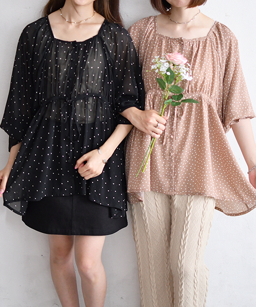 PairPair（ペアペア）の「ドット＆無地ウエストギャザーブラウス（シャツ/ブラウス・レディース・ブラック/ベージュ/アイボリー/モカ・FREE）」の5枚目の写真