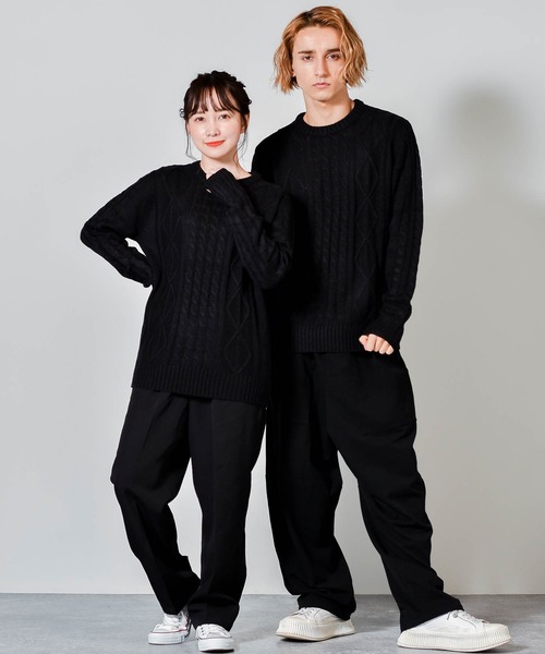 総アラン編みクルーネックセーター/レディース メンズ（ニット