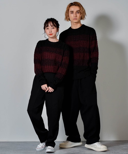 CREAM SODA／ARGYLEセーターBLACK 総アラン編みクルーネックセーター/レディース メンズ（ニット