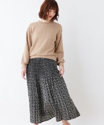 【LLあり】ふくれケーブルプルオーバー+フラワープリーツスカートセット