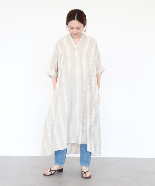 AMERICAN HOLIC（アメリカンホリック）の「リネンブレンドスキッパーフレアワンピース（ワンピース・レディース・ベージュ/アイボリー/ストライプ/ネイビー・FREE）」の14枚目の写真