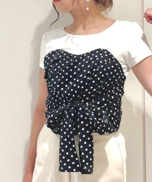 MIIA（ミーア）の「リボン付きコンビＴシャツ（Tシャツ/カットソー・レディース・ドット/チェック・FREE）」の2枚目の写真