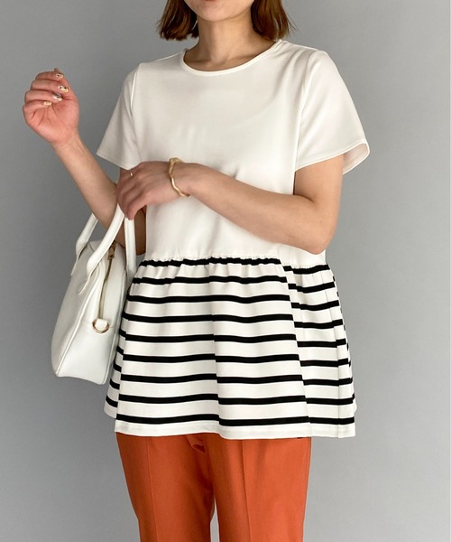 PICCIN(ピッチン)の「ボーダー切り替え半袖プルオーバー(Tシャツ/カットソー・レディース・ブラック/オフホワイト・M)」の1枚目の写真