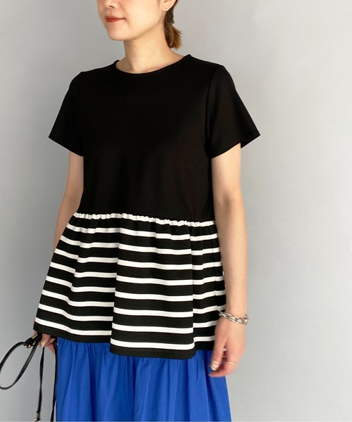 PICCIN(ピッチン)の「ボーダー切り替え半袖プルオーバー(Tシャツ/カットソー・レディース・ブラック/オフホワイト・M)」の2枚目の写真