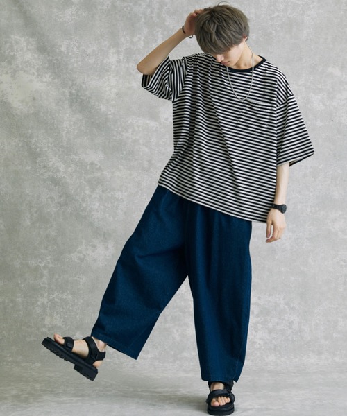 act'm（アクトム）の「1ポケット オーバーサイズ ボーダークルーネック半袖Tシャツ（Tシャツ/カットソー・メンズ・ブラック×グレー/ホワイト系その他・S/M/L）」の7枚目の写真