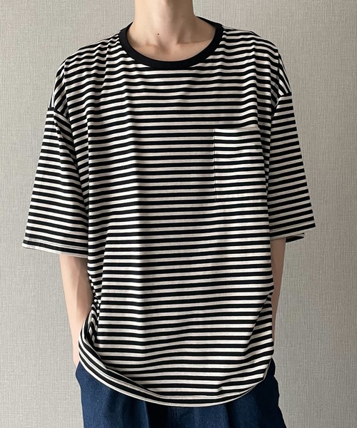 act'm（アクトム）の「1ポケット オーバーサイズ ボーダークルーネック半袖Tシャツ（Tシャツ/カットソー・メンズ・ブラック×グレー/ホワイト系その他・S/M/L）」の21枚目の写真