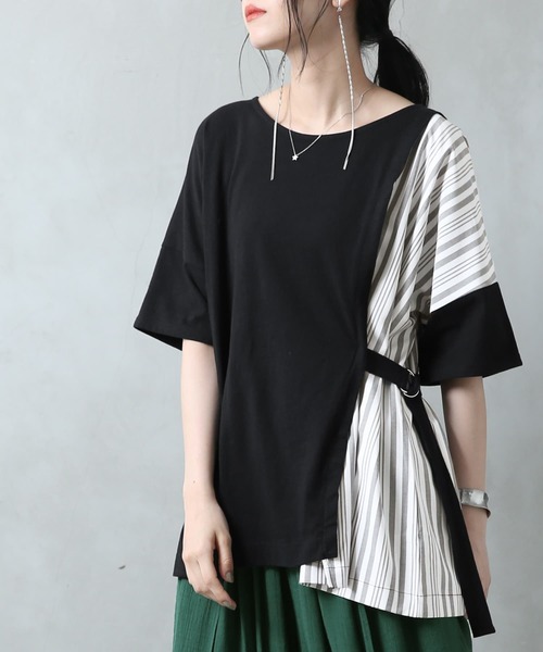 n'OrLABEL（ノアールレーベル）の「【廃盤】『アシンメトリー切替ストライプTシャツ』（Tシャツ/カットソー・レディース・ブラック/オフホワイト・FREE）」の2枚目の写真