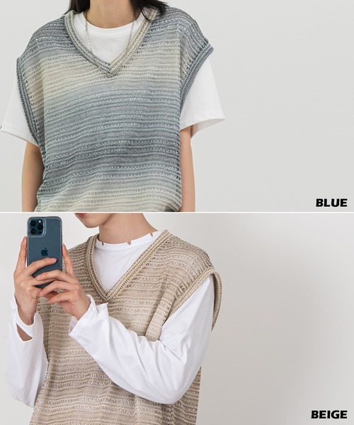 FOLLOWIN(フォロウィン)の「【UNISEX】グラデーションストライプシースルーニットベスト(ベスト・メンズ・ベージュ/ブルー・FREE)」の6枚目の写真