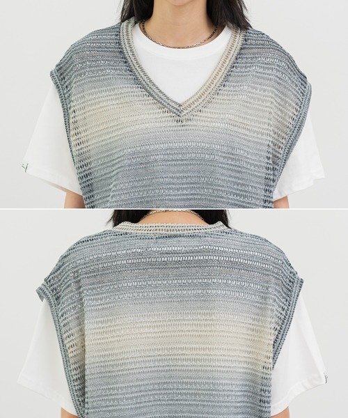 FOLLOWIN(フォロウィン)の「【UNISEX】グラデーションストライプシースルーニットベスト(ベスト・メンズ・ベージュ/ブルー・FREE)」の14枚目の写真