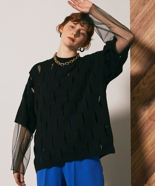 MAISON SPECIAL(メゾンスペシャル)の「スラッシュオーバーニットTシャツ【MAISON SPECIAL/メゾンスペシャル】(Tシャツ/カットソー・レディース・ホワイト/ブラック/グリーン・FREE)」の3枚目の写真