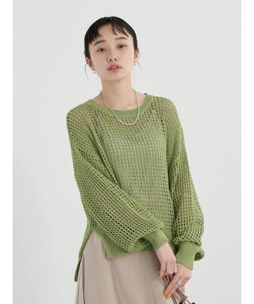 earth music&ecology（アースミュージックアンドエコロジー）の「リサイクルポリエステルブレンドメッシュニット（ニット/セーター・レディース・ライム/アイボリー/モカ・FREE）」の21枚目の写真