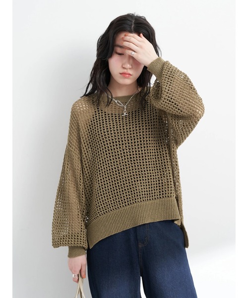 earth music&ecology（アースミュージックアンドエコロジー）の「リサイクルポリエステルブレンドメッシュニット（ニット/セーター・レディース・ライム/アイボリー/モカ・FREE）」の6枚目の写真