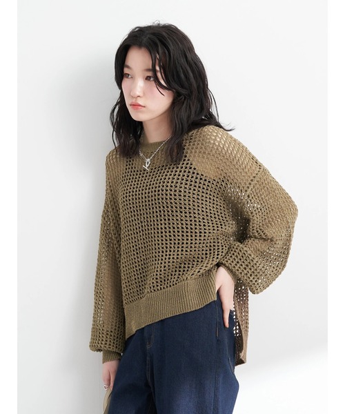 earth music&ecology（アースミュージックアンドエコロジー）の「リサイクルポリエステルブレンドメッシュニット（ニット/セーター・レディース・ライム/アイボリー/モカ・FREE）」の7枚目の写真