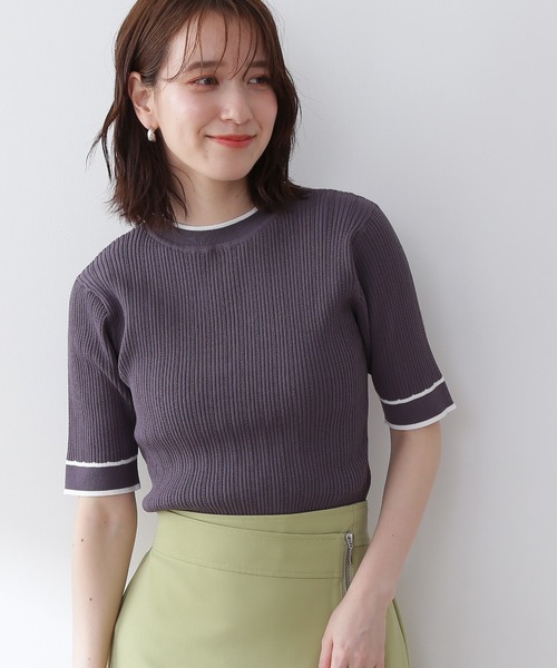 N.(N. Natural Beauty Basic)(エヌエヌナチュラルビューティーベーシック)の「◆バイカラーラインリブニット(ニット/セーター・レディース・チャコールグレー/オフホワイト/ライトグリーン・MEDIUM)」の3枚目の写真