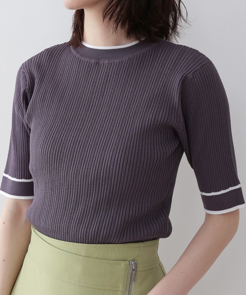 N.(N. Natural Beauty Basic)(エヌエヌナチュラルビューティーベーシック)の「◆バイカラーラインリブニット(ニット/セーター・レディース・チャコールグレー/オフホワイト/ライトグリーン・MEDIUM)」の8枚目の写真