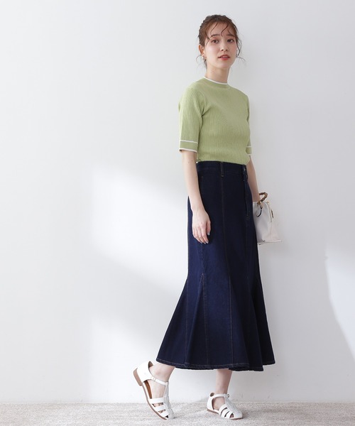 N.(N. Natural Beauty Basic)(エヌエヌナチュラルビューティーベーシック)の「◆バイカラーラインリブニット(ニット/セーター・レディース・チャコールグレー/オフホワイト/ライトグリーン・MEDIUM)」の4枚目の写真