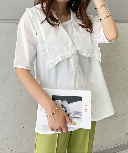 StyleSea（スタイルシー）の「Vネックフリルブラウス（シャツ/ブラウス・レディース・ホワイト/ブラック/グレー/ターコイズブルー/ライトグレー/ブラック系その他/ホワイト系その他・MEDIUM）」の13枚目の写真