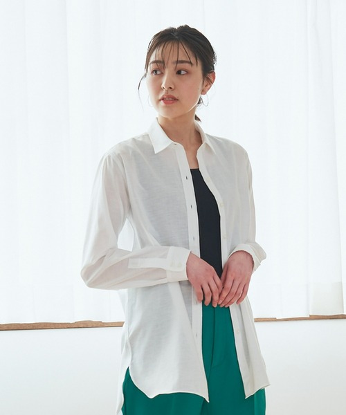 Pitta Re:)(ピッタリ)の「形態安定ノーアイロン ラウンドテール ワイド衿 長袖カジュアルシャツ(シャツ/ブラウス・レディース・ブルー/ホワイト・M/L/LL)」の1枚目の写真