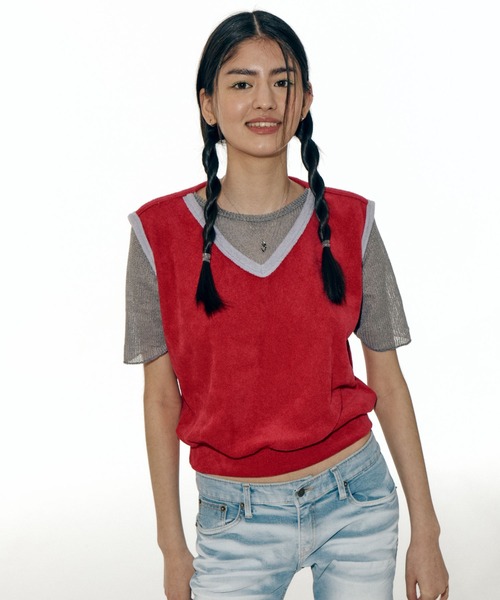 bonjour records（ボンジュールレコーズ）の「【WHYNOTUS/ワイノットアス】towel fishnet top タオルフィッシュネットトップカットソー（Tシャツ/カットソー・レディース・レッド/ブルー・S/M）」の13枚目の写真