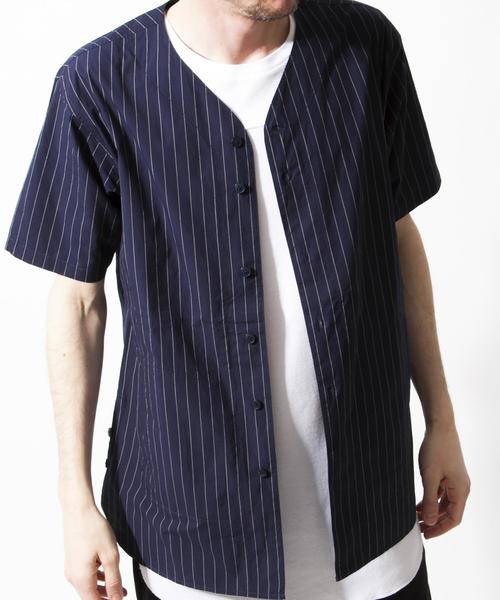 MONKEY TIME（モンキータイム）の「＜monkey time＞ ∴ ストライプ ノーカラー シャツ ◆（シャツ/ブラウス・メンズ・ブラック/ネイビー・MEDIUM/LARGE）」の2枚目の写真