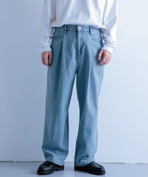 新品　リアクティブデニム・タックワイドパンツ　ブルー　11 リアクティブデニム・タックワイドパンツ/40代50代からの