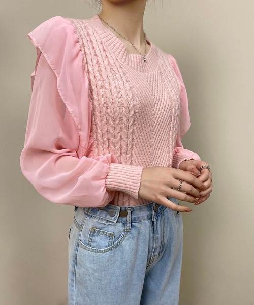 MAISON DE THERESE(メゾン ド テレーズ)の「配色切り替え クルーネックカットソー(Tシャツ/カットソー・レディース・アイボリー/ピンク・M)」の2枚目の写真