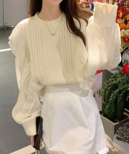 MAISON DE THERESE(メゾン ド テレーズ)の「配色切り替え クルーネックカットソー(Tシャツ/カットソー・レディース・アイボリー/ピンク・M)」の1枚目の写真