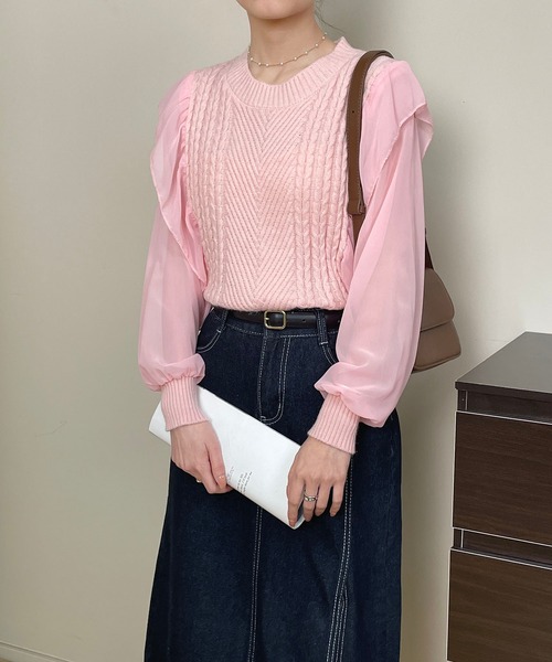 MAISON DE THERESE(メゾン ド テレーズ)の「配色切り替え クルーネックカットソー(Tシャツ/カットソー・レディース・アイボリー/ピンク・M)」の4枚目の写真
