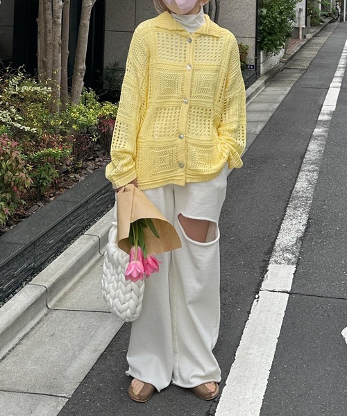 Alley by w closet(アリーバイダブルクローゼット)の「【Alley】透かし編みカーディガン(カーディガン/ボレロ・レディース・キナリ/イエロー・FREE)」の4枚目の写真