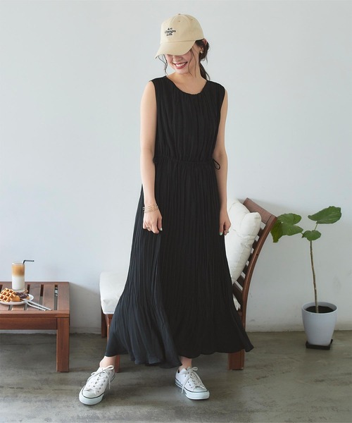 ワッシャープリーツウエストリボンワンピース