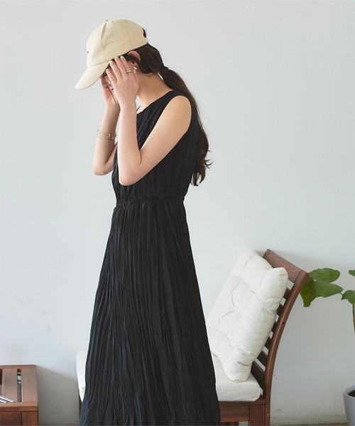 ワッシャープリーツウエストリボンワンピース