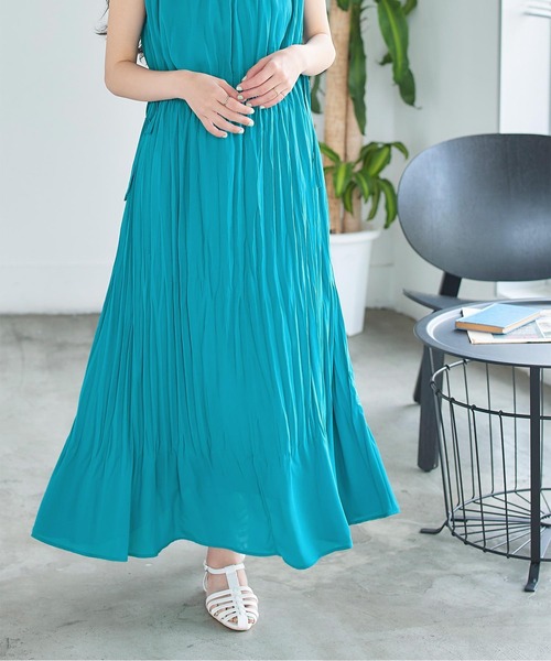 ワッシャープリーツウエストリボンワンピース