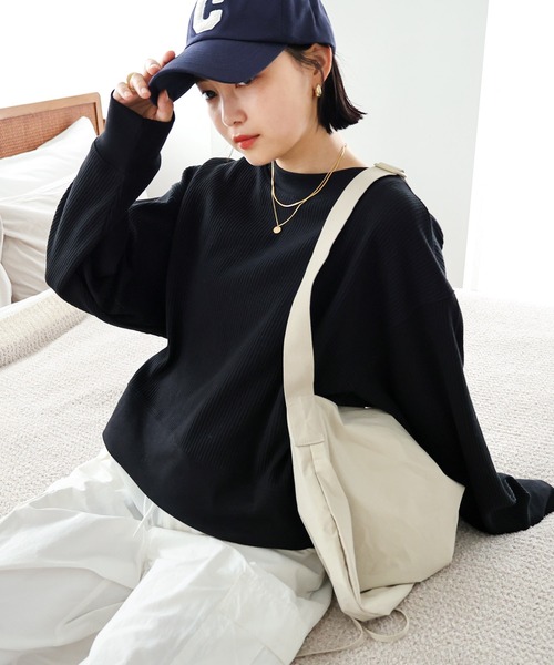 andme(アンドミー)の「ワッフル前後2way長袖カーディガントップス(Tシャツ/カットソー・レディース・ライトブルー/ブラック/アイボリー/ブラウン/オートミール・M/L)」の2枚目の写真