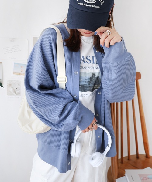andme(アンドミー)の「ワッフル前後2way長袖カーディガントップス(Tシャツ/カットソー・レディース・ライトブルー/ブラック/アイボリー/ブラウン/オートミール・M/L)」の21枚目の写真