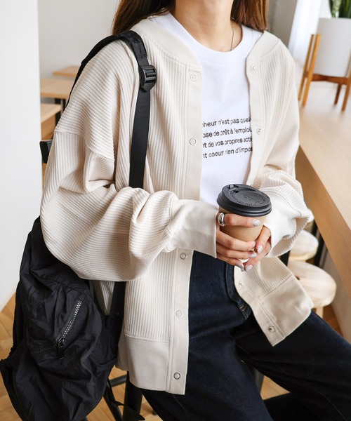 andme(アンドミー)の「ワッフル前後2way長袖カーディガントップス(Tシャツ/カットソー・レディース・ライトブルー/ブラック/アイボリー/ブラウン/オートミール・M/L)」の13枚目の写真