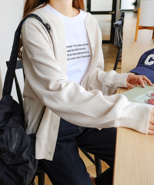 andme(アンドミー)の「ワッフル前後2way長袖カーディガントップス(Tシャツ/カットソー・レディース・ライトブルー/ブラック/アイボリー/ブラウン/オートミール・M/L)」の11枚目の写真