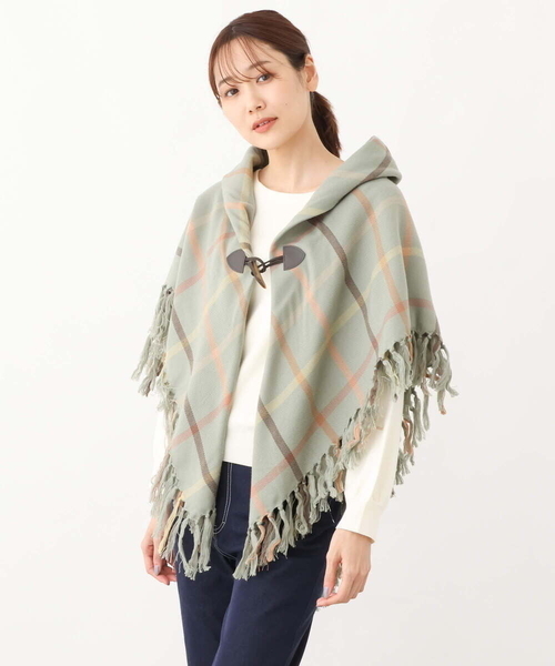MK MICHEL KLEIN（エムケーミッシェルクラン）の「チェック柄フリンジポンチョ/洗える（ストール/ショール・レディース・ライトグレー/ベージュ/ミント・38）」の7枚目の写真