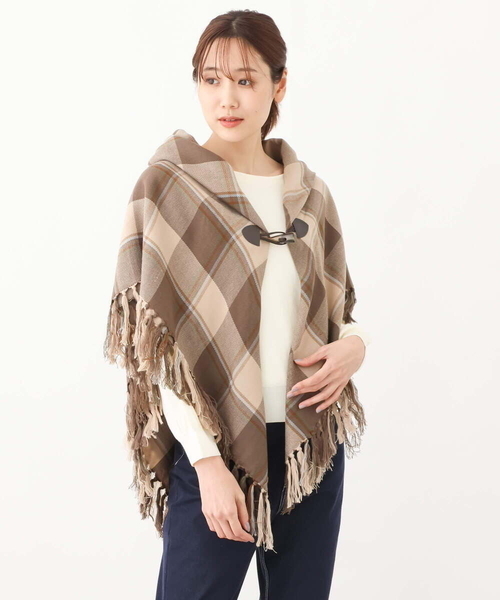 MK MICHEL KLEIN（エムケーミッシェルクラン）の「チェック柄フリンジポンチョ/洗える（ストール/ショール・レディース・ライトグレー/ベージュ/ミント・38）」の5枚目の写真