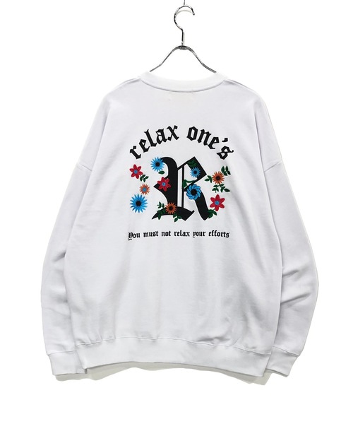 TRAP/U (トラップユー)の「バック フラワー刺繍 / 裏毛スウェット クルーネック トレーナー(スウェット・メンズ・ブラック/ダークグリーン/ホワイト・L/M)」の1枚目の写真