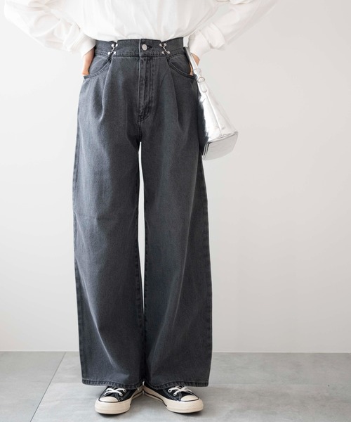 WEGO（ウィゴー）の「WEGO/ウエストフックデニムワイドパンツ（デニムパンツ・レディース・ホワイト/グレー/ライトインディゴブルー・SMALL/MEDIUM）」の3枚目の写真