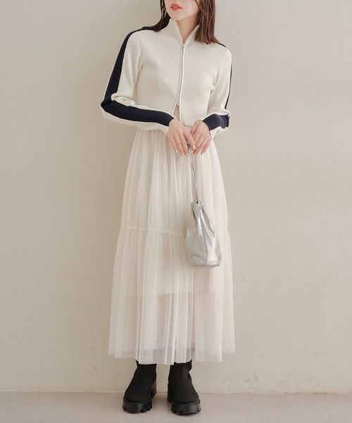 【一部予約販売】 Wジップハイネックニット＋チュールキャミワンピースセット ストラップ