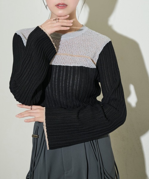 paravion（パラビオン）の「袖フレア配色シアーニット（ニット/セーター・レディース・グレー/ブラック/アイボリー・FREE）」の2枚目の写真