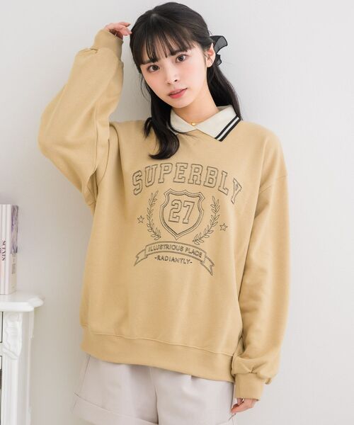 ems excite（エムズエキサイト）の「襟付きステッチ刺繍トレーナー（Tシャツ/カットソー・レディース・ブルー/ホワイト系その他/ベージュ・FREE）」の9枚目の写真