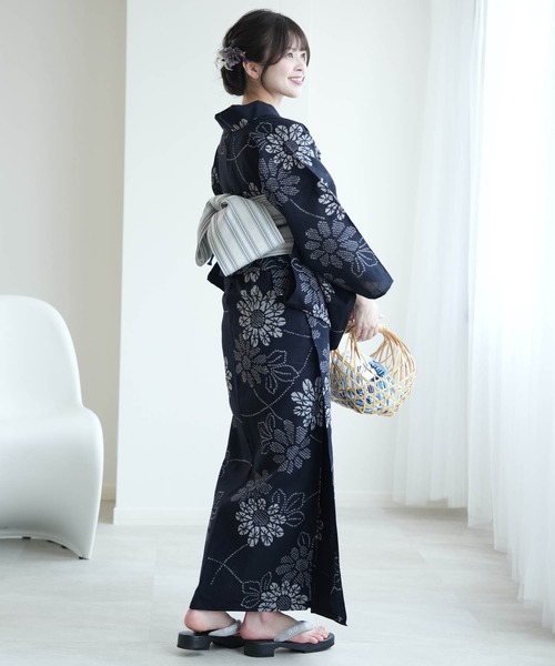 ✦✦ゆき✦✦ 新品 東京本染め 注染 浴衣 しじら織 芙蓉柄 綿麻 ✦✦ゆき✦✦ 新品 東京本染め 注染 浴衣 しじら織