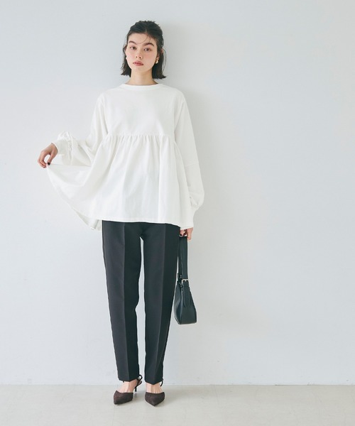 coca（coca）（コカ）の「ミニ裏毛切り替えギャザートップス（スウェット・レディース・ホワイト/ブラック・M/L）」の5枚目の写真