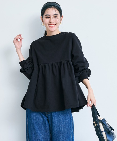 coca（coca）（コカ）の「ミニ裏毛切り替えギャザートップス（スウェット・レディース・ホワイト/ブラック・M/L）」の17枚目の写真