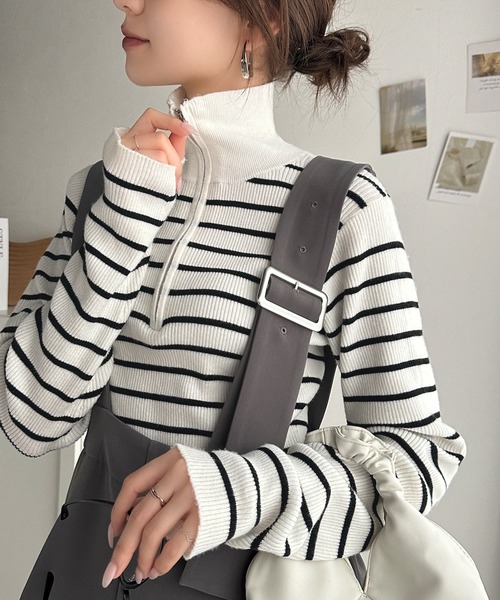 セール】抜け感がかわいい万能ニット。ハーフジップリブニットプル