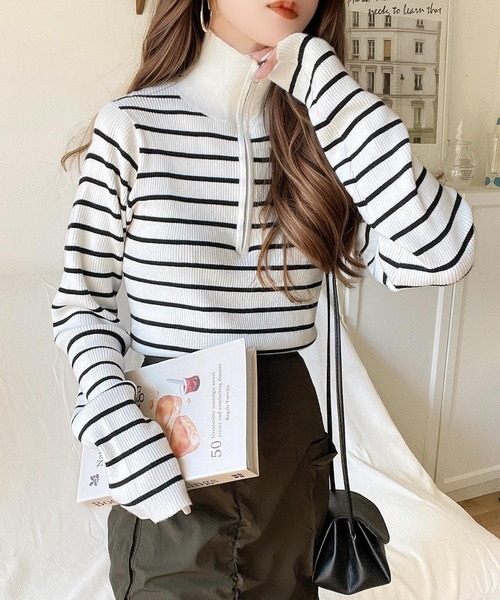 classicalelf（クラシカルエルフ）の「抜け感がかわいい万能ニット。ハーフジップリブニットプルオーバー（ニット/セーター・レディース・ホワイト系その他/グレー/ブラック系その他/アイボリー/ブラック・X-LARGE/SMALL/MEDIUM/LARGE）」の8枚目の写真