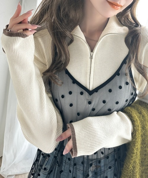 セール】抜け感がかわいい万能ニット。ハーフジップリブニットプル