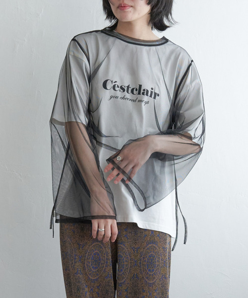 VENCEEXCHANGE(ヴァンスエクスチェンジ)の「サイドシャーリングチュールトップス(Tシャツ/カットソー・レディース・オフホワイト/ブラック・FREE)」の11枚目の写真